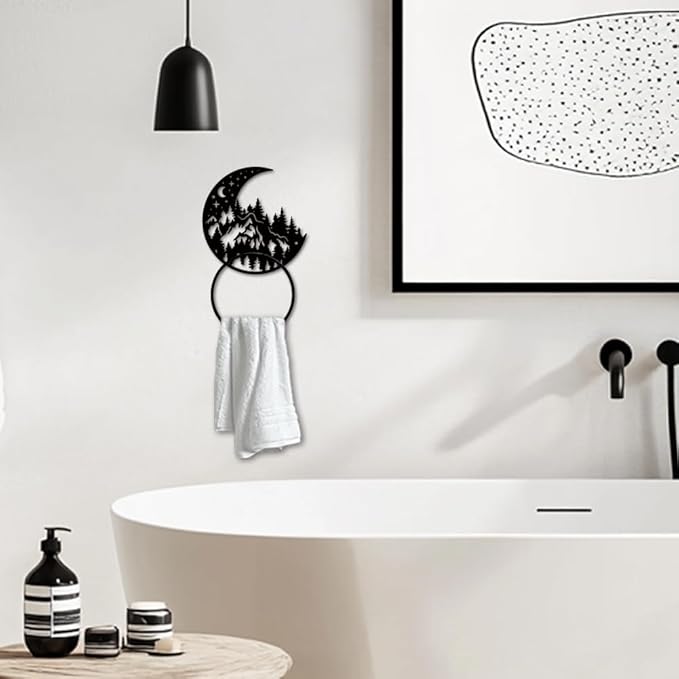 MAYJOYDIY Moon Forest Metal Towel Ring Mountain Landscape Towel Holder Moon Star Towel Ring Black Art Towel Rack Wall Mounted for Bathroom Kitchen Towel Hanger Home Decors Gift