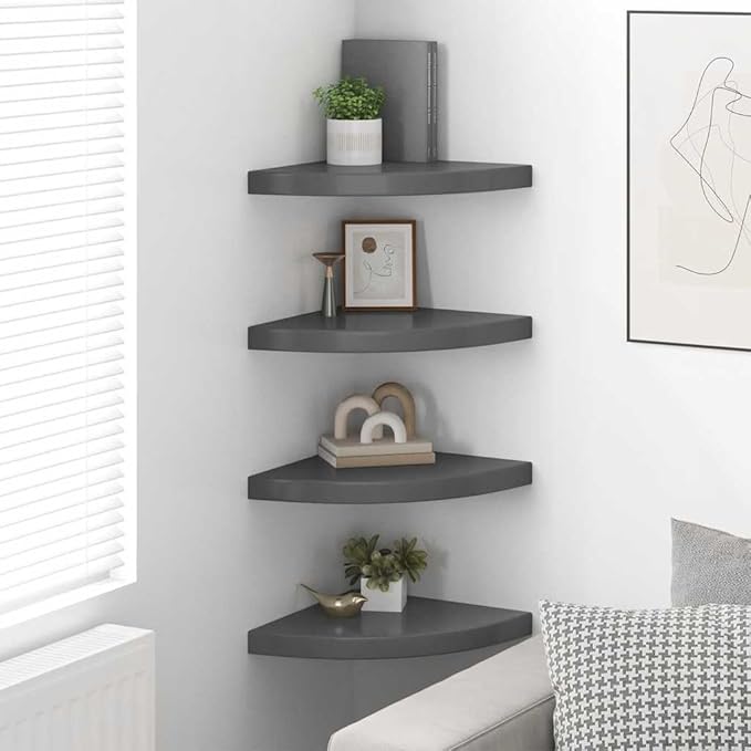 Corner Shelf Set of 4, Floating Wall Shelves for Living Room, High-Gloss Grey Honeycomb MDF Triangular Shelves for Corner Storage and Display, Space-Saving Wall Mount Organizer