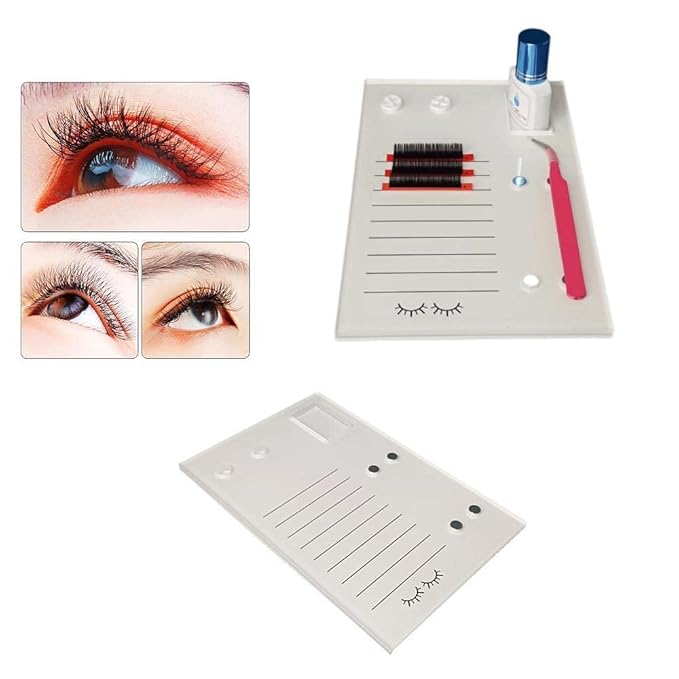 Acrylic Eyelash Grafting Pallet, Lash Tile holder, Bigger Size Glue Cups Eyelash Extensions Storage Gasket Pads with Magnetic Suction for 2 Tweezers (White-7.87x5.12in)