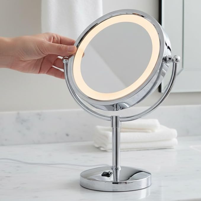 JERDON LED Lighted Makeup Mirror - 5X Magnifying Tabletop Vanity Mirror for Makeup, Skincare, & Grooming - 8.5" Chrome Finish, 360° Swivel, Built-in Outlet - Model HL745CO