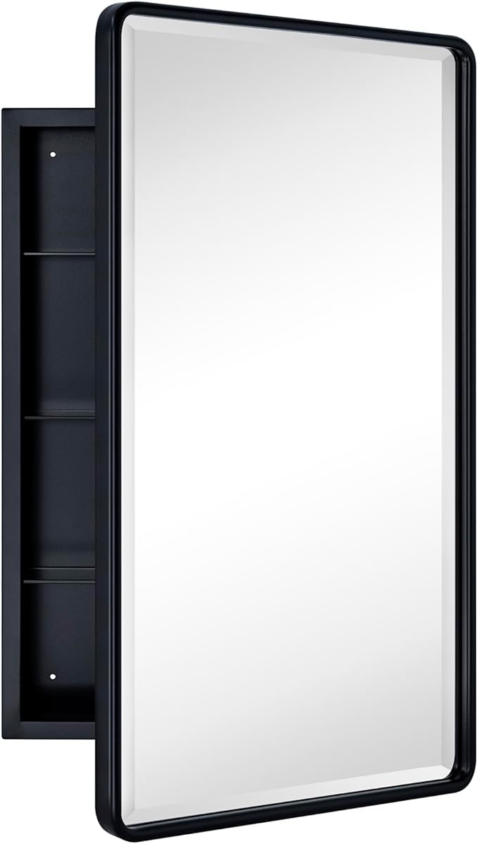 TEHOME Surface Mount 16.5x27.5'' Black Bathroom Medicine Cabinet with Mirror Matt Black Metal Framed Rounded Rectangle Medicine Cabinet with Beveled Mirror 3 Adjustable Glass Shelves