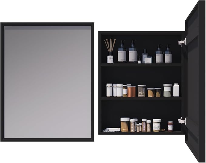H & A Medicine Cabinet Bathroom Mirror, 28''x22'' Farmhouse Wood Frame Bathroom Medicine Cabinet with Mirror, Vanity Mirrors Recess or Surface Mounted Installation (Black-28x22'')