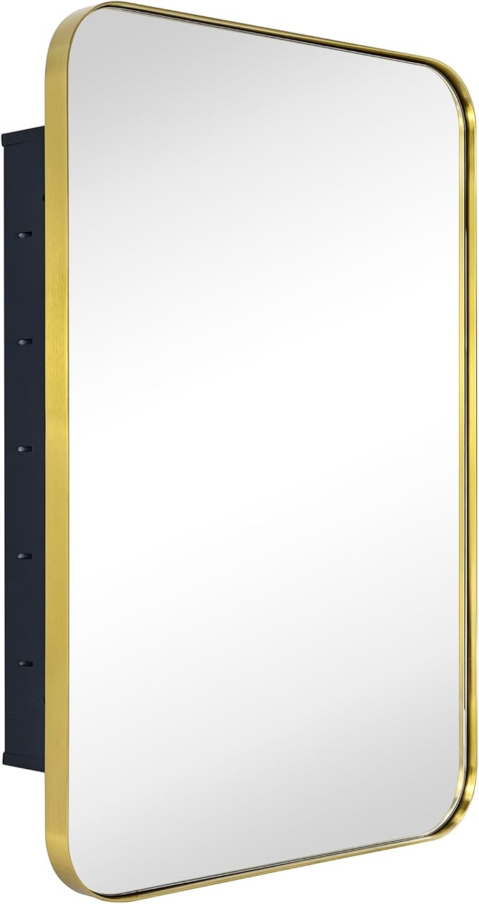 Brushed Gold Rectangle Recessed Bathroom Medicine Cabinet with Mirror Stainless Steel Metal Framed Rounded Rectangular Bathroom Cabinet with Mirror 16x24''