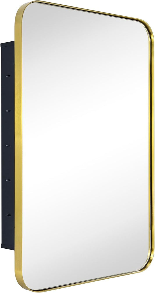 Brushed Gold Rectangle Recessed Bathroom Medicine Cabinet with Mirror Stainless Steel Metal Framed Rounded Rectangular Bathroom Cabinet with Mirror 16x24''