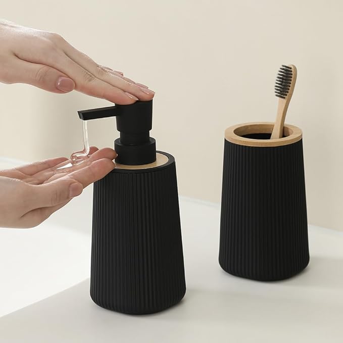 YAUKPH Bathroom Accessories Set 2 Piece Soap Dispenser and Toothbrush Holder for Bathroom Countertop Striped Black and Bamboo