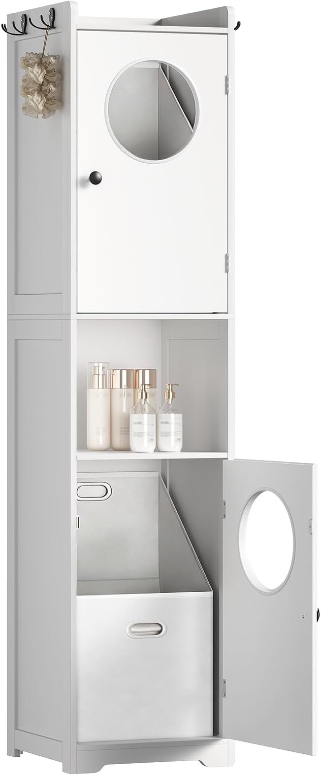 Laundry Hamper Cabinet, 70" Tall Bathroom Cabinet with 2 Laundry Baskets, Hidden Laundry Hamper with 2 Doors and Double Clothes-Toss Round Holes for Bathroom, White WT170XY01S