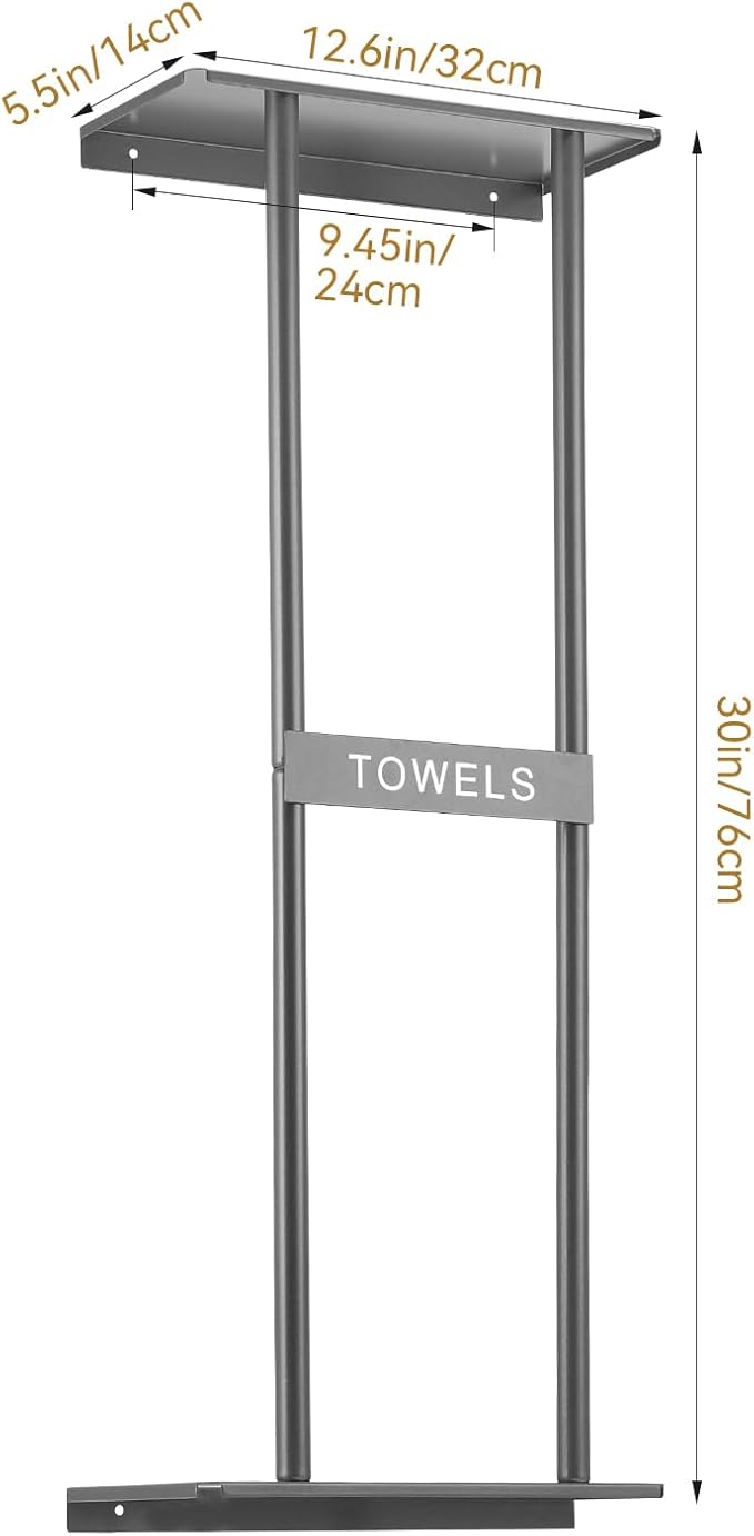 Vertical Towel Rack Wall Mounted - Metal Rolled Towel Holder, 31 Inch Black Space Saving Bathroom Storage Shelf for Shower, Toilet & RV (Grey)