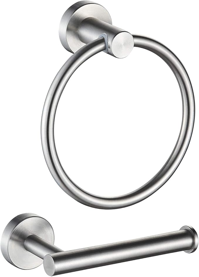 MARMOLUX ACC 2-Pc Bathroom Hardware Set - Hand Towel Holder for Bathroom Wall - Toilet Paper Holder Stand Wall Mount - Towel Holder Hanger Rack Stainless Steel Bathroom Set Towel Ring - Brushed Steel