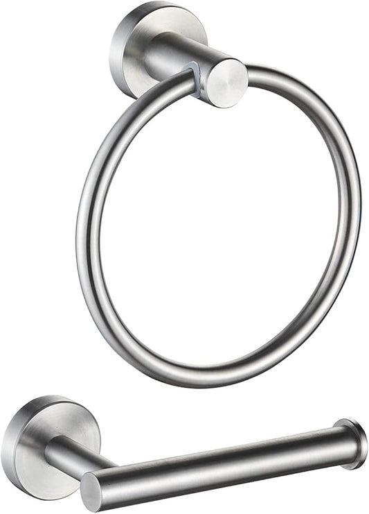 MARMOLUX ACC 2-Pc Bathroom Hardware Set - Hand Towel Holder for Bathroom Wall - Toilet Paper Holder Stand Wall Mount - Towel Holder Hanger Rack Stainless Steel Bathroom Set Towel Ring - Brushed Steel