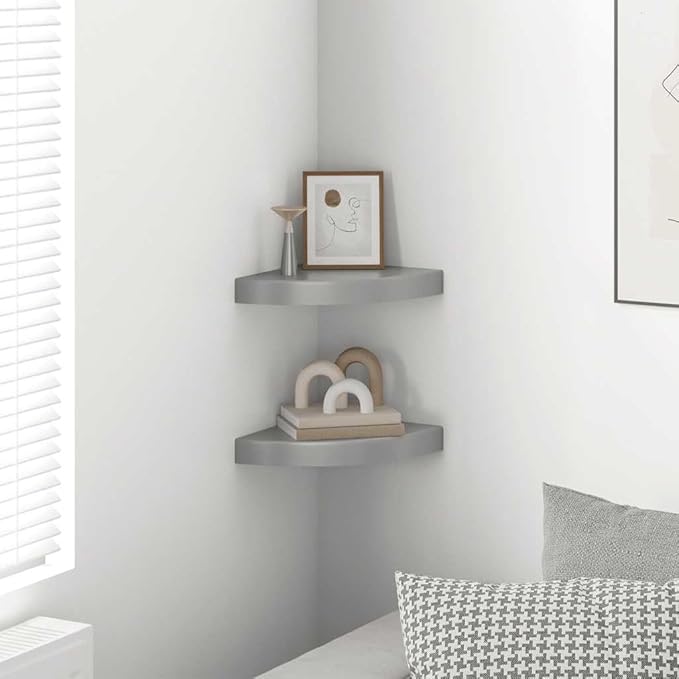 Set of 2 Floating Corner Shelves, Wall Mounted Honeycomb Storage Shelf, Modern High Gloss Grey MDF Display Shelves for Living Room, Bedroom, and Office, 9.8 Inch