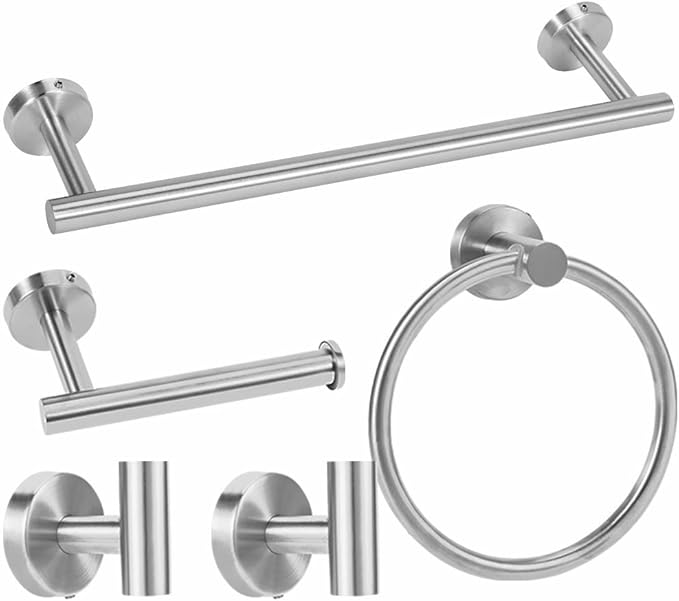 Brushed Silver Bathroom Towel Bar Set, 5-Piece Stainless Steel Hardware Bathroom Accessories, 16" Towel Racks for Bathroom Walls