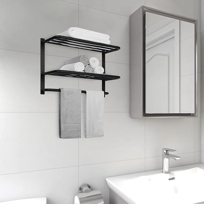 Towel Rack for Bathroom, DEWVIE 23 Inch Tower Holder with Tower Bars, SUS 304 Stainless Steel Lavatory Bath Towel Shelf Towel Hanger Wall Mount, 3-Tier (Matte Black)