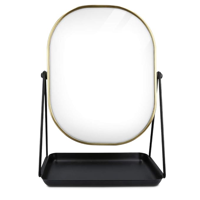 Navaris Vanity Mirror with Tray - Table Top Mirror with Metal Stand and Storage - 7" x 9" Mirror Size - for Makeup, Tabletop, Desk - Gold Finish