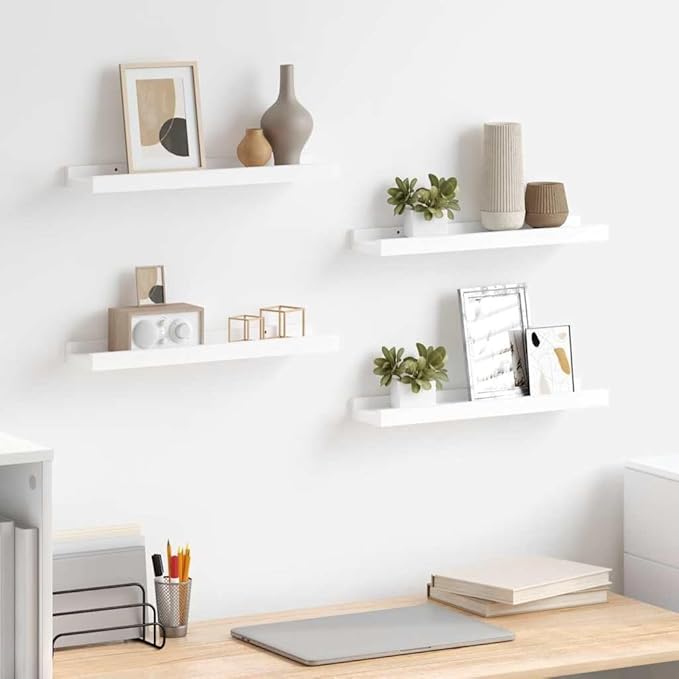 Set of 4 Floating Shelves for Wall Decor, 15.7 inch Modern White MDF Wall Mounted Shelving Unit for Bedroom Living Room Storage Display