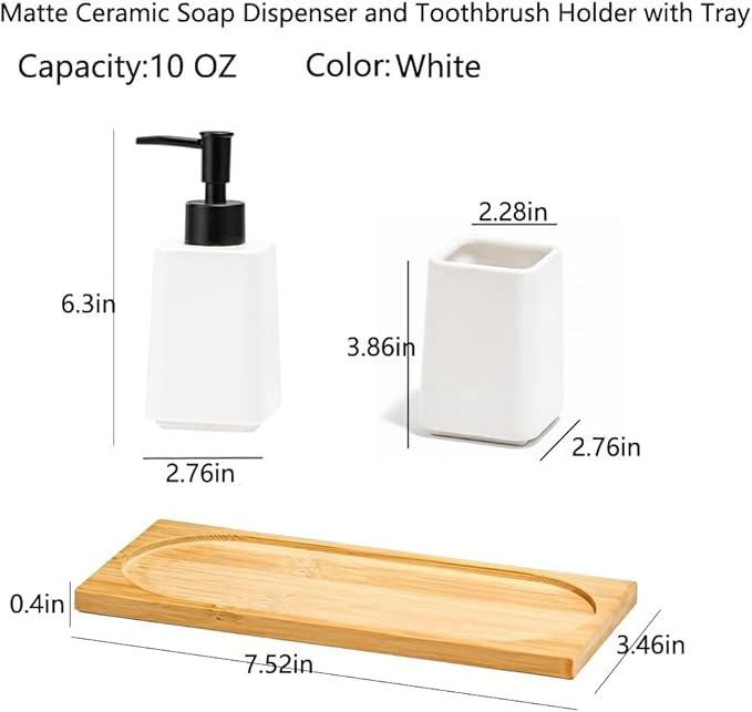 White Bathroom Accessories Set,Ceramic Soap Dispenser and Toothbrush Holder with Tray,Modern Decor Bath Set with Toothbrush Cup