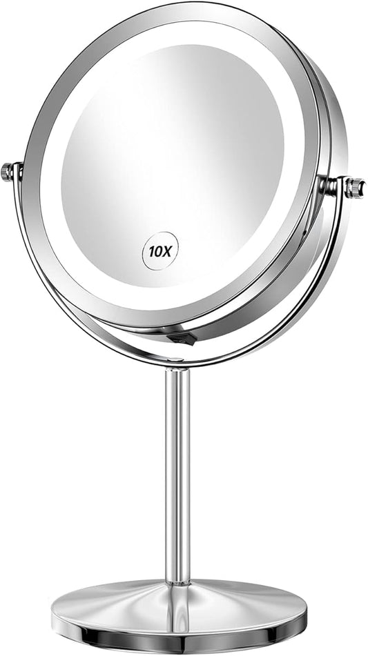 Gospire 7" Lighted Makeup Mirror with Magnification 10X/1X Double Sided, Round Magnifying LED Vanity Standing Cosmetic Shaving Mirror with Battery Operated, Cordless Portable for Bathroom Bedroom