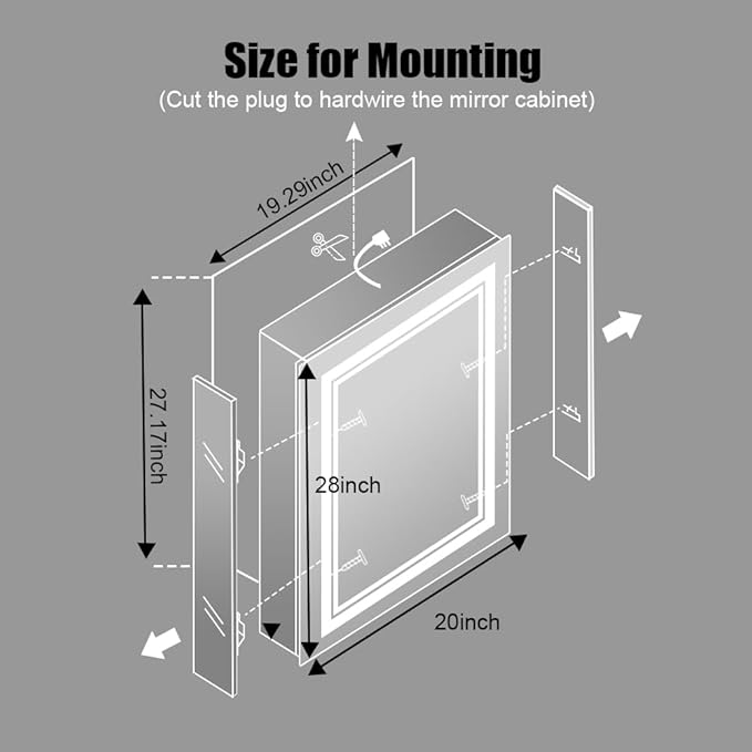 High-End Led Medicine Cabinet,Lighted Medicine Cabinet,3 Colors&Dimmable,Demister,Lighted Glass Shelf,USB Shaver Socket.Surface Mount or Recess Mount,20×28inch
