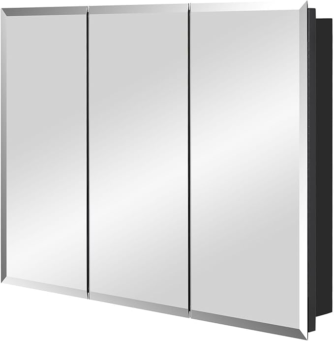 IDYLLOR Black Bathroom Medicine Cabinet with Beveled Edge Mirrored Door 36 x 26 inch, Recessed or Surface Mount, with Adjustable Glass Shelves