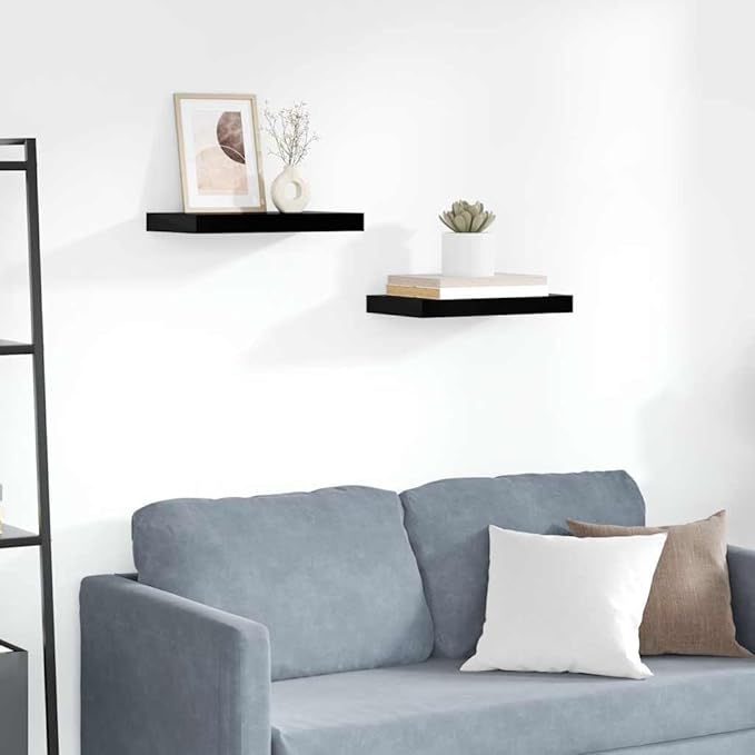 Set of 2 Floating Wall Shelves, Modern Rectangular Display Ledges, High Gloss Black MDF Wood Shelving Unit for Bedroom, Living Room, and Office Decor, 15.7 inch