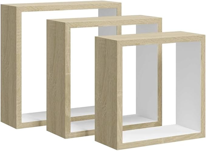 Wall Cube Shelf Set of 3, Floating Shelves for Bedroom Living Room, Modern Decorative MDF Shelves in White and Sonoma Oak, Space-Saving Wall Mounted Display Storage
