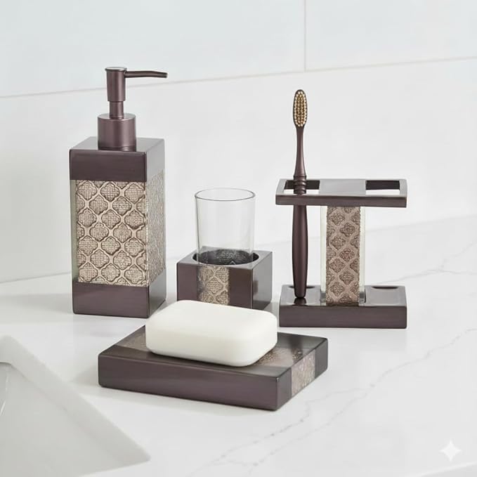 Creative Scents Dahlia 4-Piece Brown Bathroom Accessories Set Complete - Luxury Resin Bath Decor Includes Soap Dispenser, Toothbrush Holder, Tumbler & Soap Dish - Modern Brown Textured Design