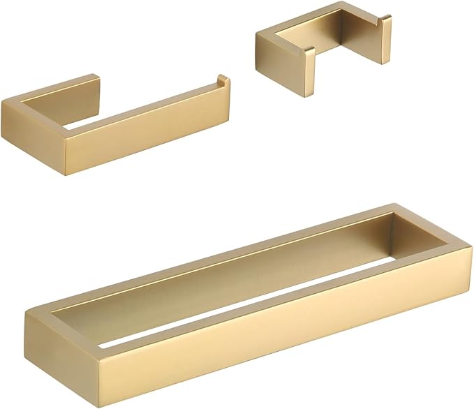 GERZWY Bathroom Accessory 3-Piece Set SUS 304 Stainless Steel Toilet Paper Holder Towel Ring Towel Hooks Wall Mount Gold Finished HG1708-3BE