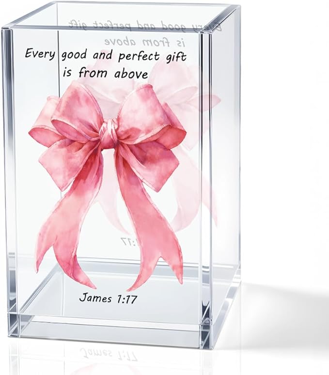 Every Good And Perfect Gifts Is From Above Acrylic Cosmetic Holder, Pink Bow Clear Makeup Brush Holder Countertop, James 1:17 Christian Bible Verses Birthday Gifts for Women Girlfriend Her