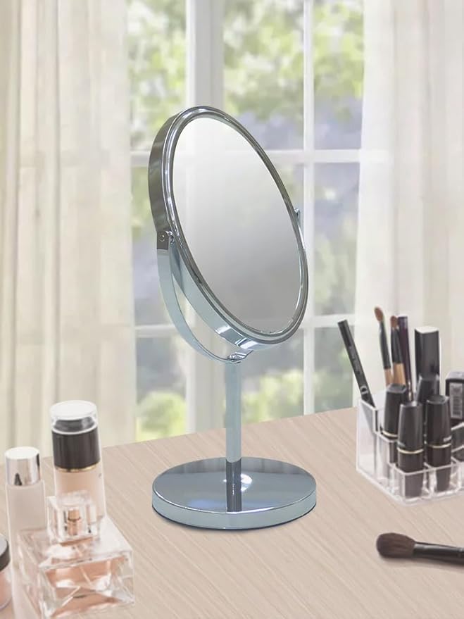 Free Standing Double Sided Tabletop Makeup Metal Vanity Mirror 1X and 3X Magnification, Oval, Swivel Mirror for Desk, Bedroom, Bathroom Chrome Finish