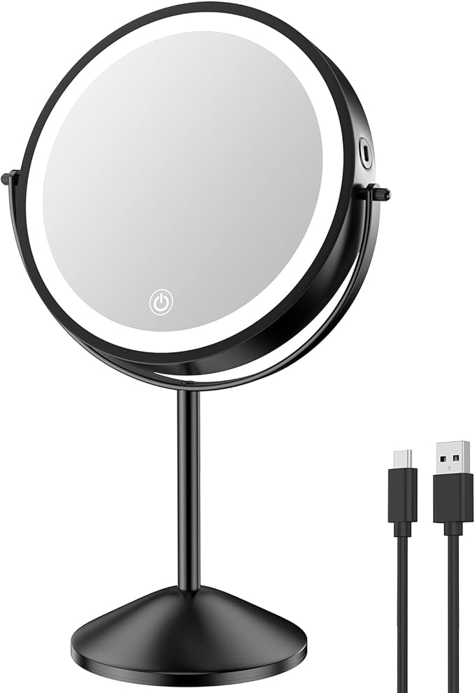 Benbilry 8 Inch Lighted Makeup Vanity Mirror with Lights 3 Color Dimmable, 1X/10X Magnifying Rechargeable Double Sided Light Up Cosmetic Mirror, 360° Swivel Cordless Standing, Black