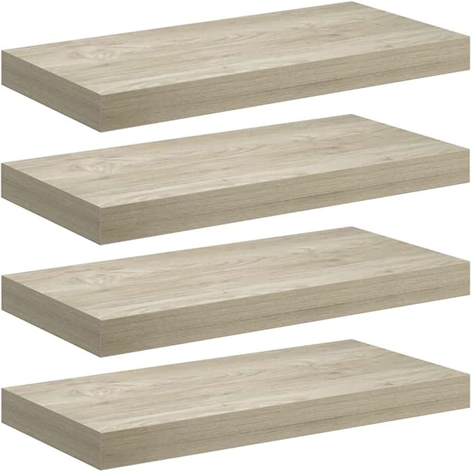 Floating Wall Shelves Set of 4, Invisible Mounting Oak Wood Look Display Shelves for Living Room, 19.7x9.1 Inches, Modern Rustic Home Decor for Books, Plants, Photos, Easy Install Durable MDF Board