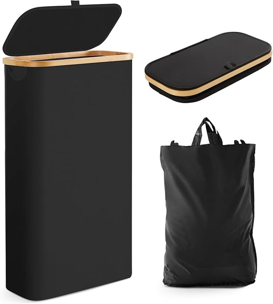 Fiona's magic Slim Laundry Hamper with Lid, 63L Narrow Laundry Basket with Removable Bag, Black Collapsible Dirty Clothes Basket, Thin Tall Storage Basket for Bathroom, Bedroom