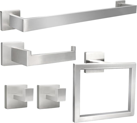 5pcs Bathroom Hardware Set, 24in Towel Bar Set, Including Square Towel Bar Square Towel Ring Toilet Paper Holder Towel Hooks, Set SUS304 Stainless Steel, Wall Mounted