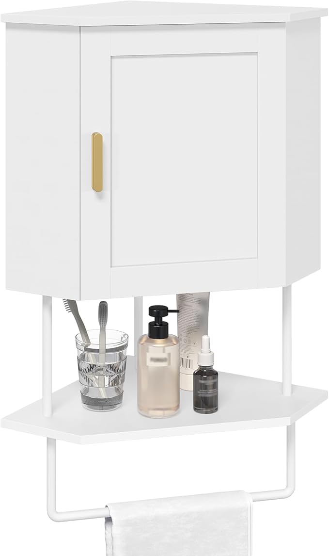 MAHANCRIS Bathroom Wall Cabinet, Corner Wall Mount Medicine Cabinet with Adjustable Shelf & Towel Bar, 3-Tier Over Toilet Storage Cabinets for Bathroom Laundry Room Kitchen, for Small Space, White