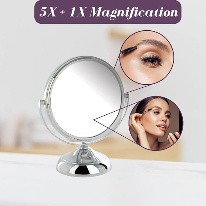 Small Tabletop Magnifying Mirror - 5.5” Diameter Mirror with 5X-1X Magnification - Chrome Finish - Model MC247C