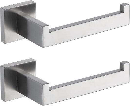 TASTOS Toilet Paper Holder Brushed Nickel 2 Pack, Toilet Tissue Roll Holders Dispenser and Hangers Wall Mounted for Bathroom & Kitchen, Stainless Steel Modern Square Style (Silver)