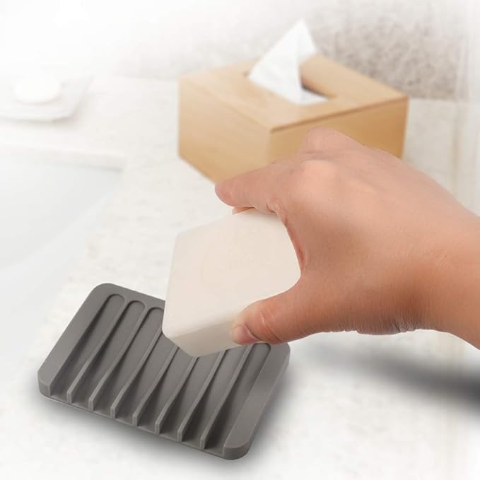 3PCS Self Draining Soap Holder, Premium Silicone Soap Dish, Soap Saver for Shower, Bathroom, Kitchen, Bath Tub, Sponges,Keep Soap Bars Dry Clean,Easy Clean,Extend Soap Life (Grey)