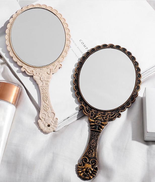 AKOAK Vintage Handheld Makeup Mirror, Exquisite Embossed Decorative Handle Makeup Mirror Portable Travel Mirror for Girls and Ladies (Oval, Bronze)