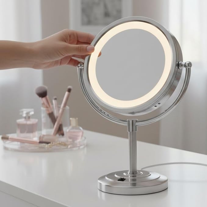 JERDON Lighted Tabletop Makeup Mirror - LED Lighted Vanity Mirror with 1X and 5X Magnification in Nickel Finish - Model HL745NC