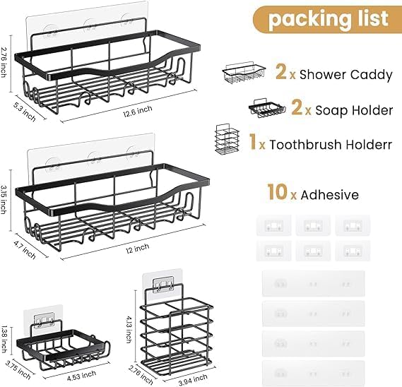 Rustproof Stainless Steel Shower Caddy 5 Pack, Bathroom Storage Accessory Shelf Organiser No Drilling Hanging, Soap Toothbrush Holder Set, Kitchen Wall Mounted Corner Decor, Matte Black