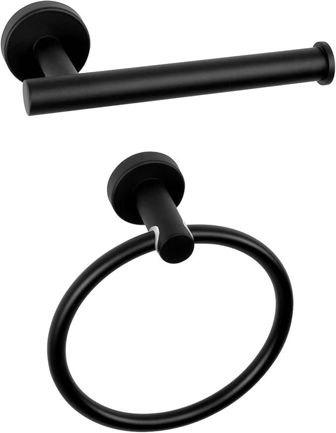 NearMoon 2 Pieces Bathroom Hardware Accessories, Towel Ring and Toilet Paper Holder- Stainless Steel Bath Towel Hanger and Hand Towel Holder, Wall Mounted (Matte Black)