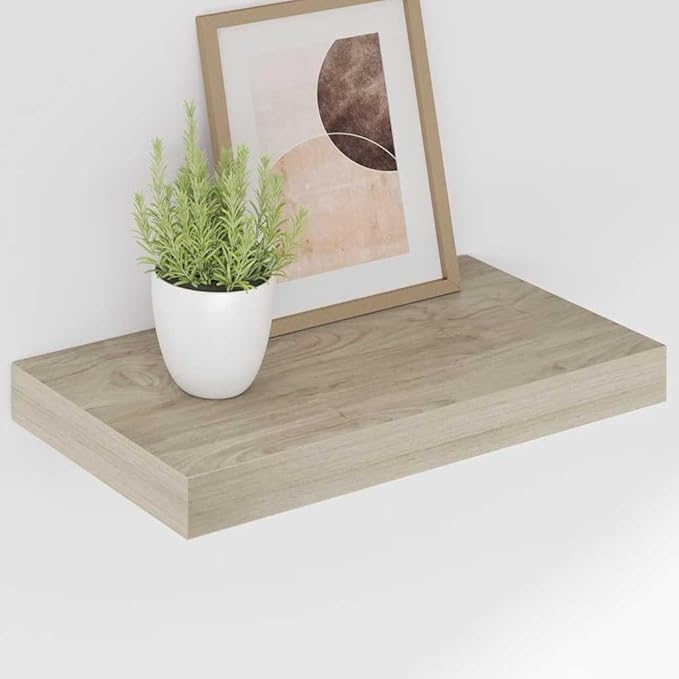 Set of 4 Floating Wall Shelves, Oak Finish Rectangular Display Ledge for Bedroom, Living Room, Modern Wall Mounted Storage Shelving Unit
