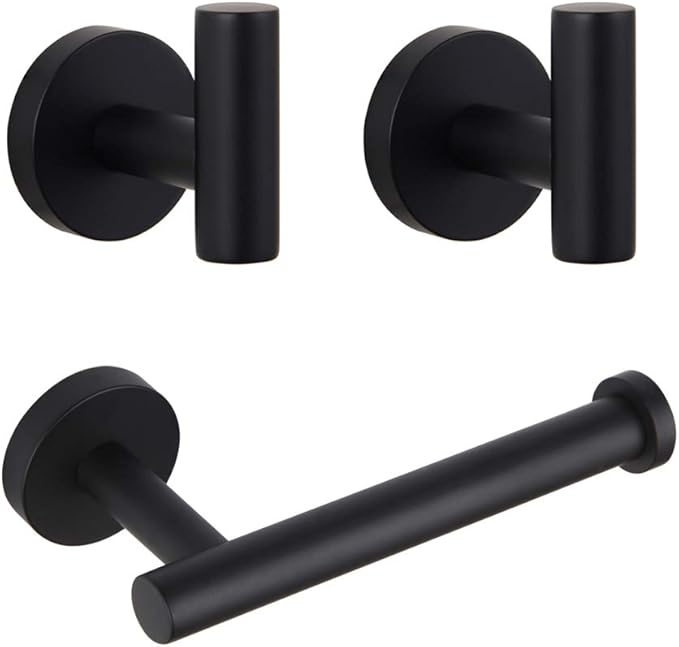 GERZWY Modern Matte Black 3-Piece Bathroom Hardware Set Toilet Paper Holder and 2X Towel Hook Wall Mounted SUS 304 Stainless Steel AG1401B-BK