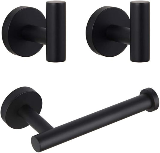 GERZWY Modern Matte Black 3-Piece Bathroom Hardware Set Toilet Paper Holder and 2X Towel Hook Wall Mounted SUS 304 Stainless Steel AG1401B-BK