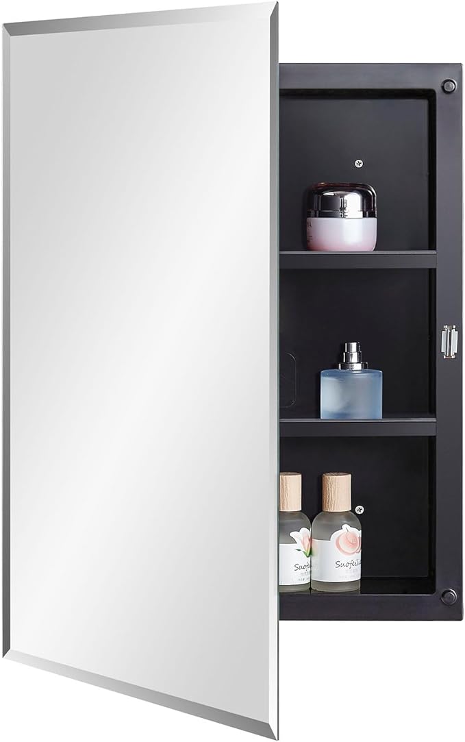 IDYLLOR Black Plastic Bathroom Medicine Mirror Cabinet 16 x 22 inch, Surface and Recessed Mount, Beveled Edge Mirror