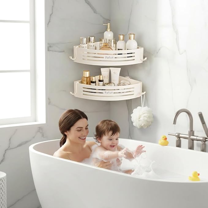 Corner Shower Caddy Suction Cup, No-Drilling Hanging Suction Shower Shelves with Hooks, Waterproof & Rustproof Removable Shower Organizer for Bathroom Storage, 2Pack