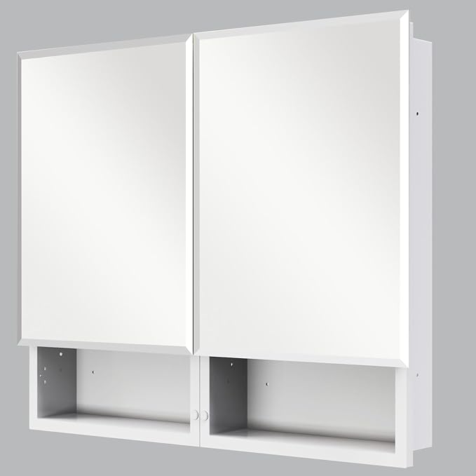 32 x 26 Inches Bathroom Medicine Cabinet with Mirror, Double Door Bathroom Mirror Cabinet, Surface or Recessed Mount White Storage Cabinet, Frameless Beveled Edge Wall Mounted Mirror Cabinet