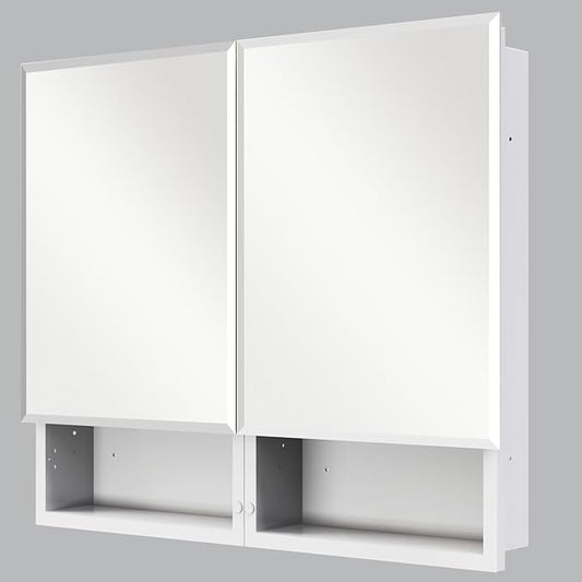 32 x 26 Inches Bathroom Medicine Cabinet with Mirror, Double Door Bathroom Mirror Cabinet, Surface or Recessed Mount White Storage Cabinet, Frameless Beveled Edge Wall Mounted Mirror Cabinet