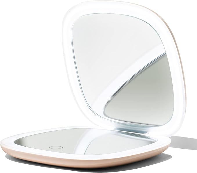 Vanity Planet Pocket Makeup Mirror with Lights & Magnification, Moda - Mini Light-Up Compact & Travel Makeup Mirror - Portable, Adjustable & Rechargeable LED Magnifying Mirror for On-The-Go - Nude
