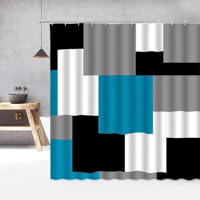 Yizheer 4Pcs Geometric Blue Modern Bathroom Shower Curtain Set with 12 Hooks Bath Mat Toilet Cover U Shaped Mat- PEVA Material, 72x72 Inches, Bathroom Curtain for Bathtub (Blue)