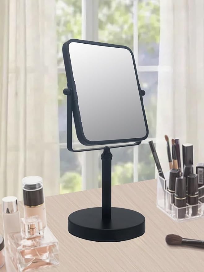 Free Standing Double Sided Tabletop Makeup Metal Vanity Mirror 1X and 3X Magnification, Square, Swivel Mirror for Desk, Bedroom, Bathroom Matte Black Finish